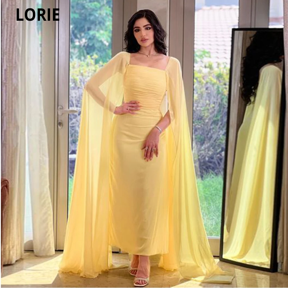 

LORIE Elegant Yellow Chiffon Evening Dresses 2023 Boat Neck With Long Cape Mermaid Prom Gown Pleat Party Dress for Graduation