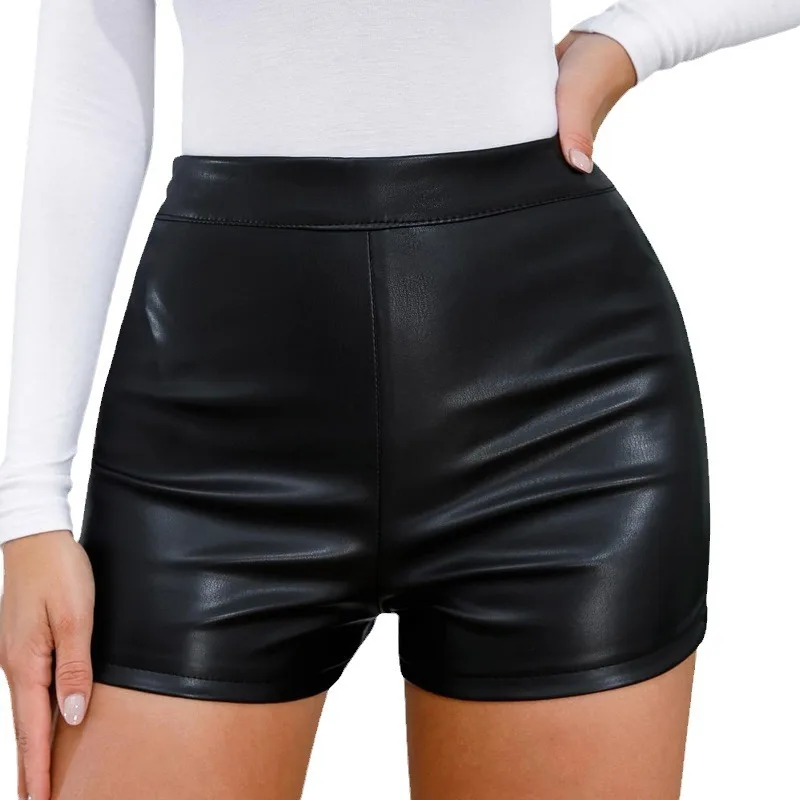 New Punk Style High Waist PU Leather  Shorts Women's Tight Fitting Hot Pants Casual Pants Short Length Sexy Butt Covering
