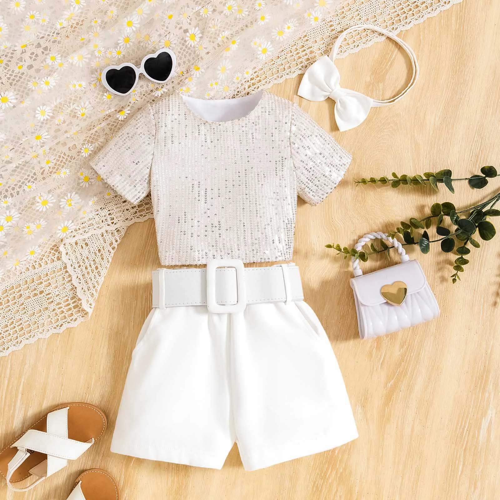 Crianças meninas verão brilhando curto t camisa topos e shorts de cor sólida headwear 3 pçs roupas 4y,5y,6y,7y crianças menina combinando roupas