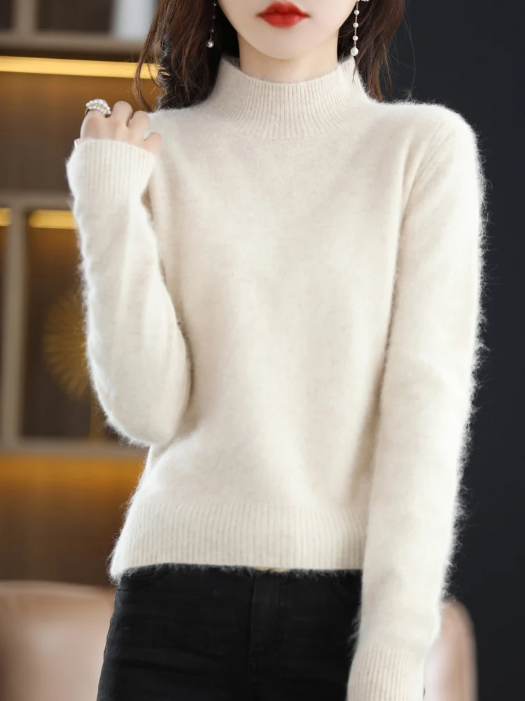 100% Mink Cashmere Sweater Women's Semi High Neck Knitted Pullover Winter New Casual Thick Tops Large Size Warm Mink Base Shirt