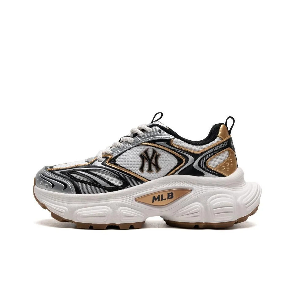 Tênis Chunky Unissex POIZON MLB New York Yankees Confortáveis, Antiderrapantes e Resistentes à Abrasão, Cano Baixo, Branco e Dourado