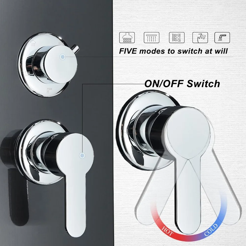 Black  Panel with LED Rainfall Waterfall Shower Head Contemporary Shower Faucet Full Body Shower System