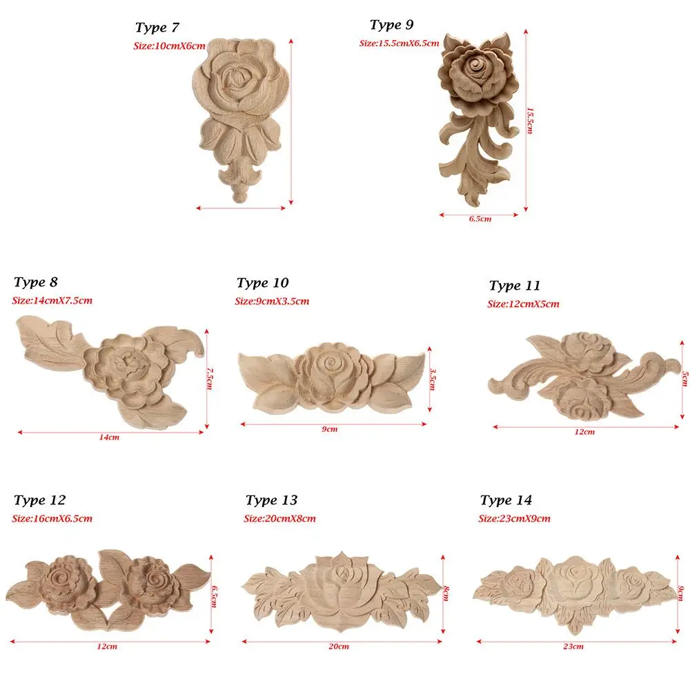 Unpainted Furniture Ornament Door Adornment Floral Carved Woodcarving Rose Flower Wooden Crafts Corner Appliques