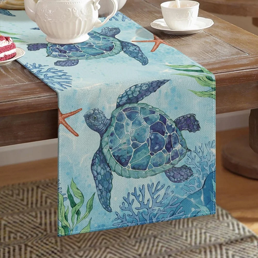 

Summer Beach Table Runner Sea Turtle Ocean Table Runner Seasonal Holiday Home Kitchen Dining Table Home Party Decoration