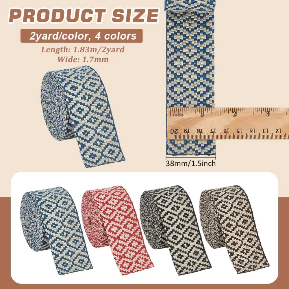 4 Strands 4 Colors Polycotton Rhombus Print Jacquard Ribbons Flat Mixed Color 1-1/2 inch(38mm) 2.00 Yards(1.83m)/Strand