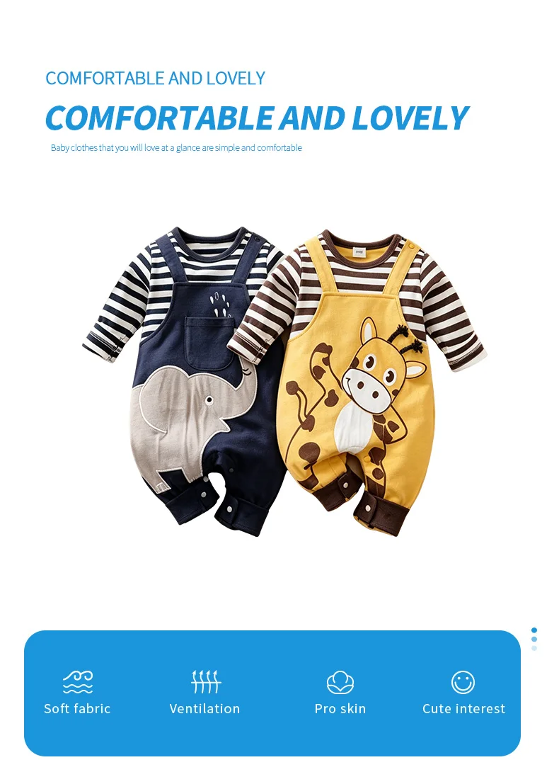 Newborn Baby Rompers Elephant & Giraffe Print Striped Long Sleeve Cotton Soft Jumpsuit Fall Winter Outfit for Toddler Boys Girls