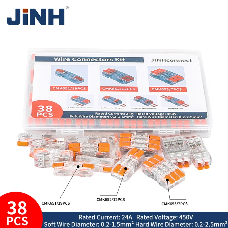 JINH 38Pcs CMK65 Lever Connector Nuts Assortment Pack Quick Splicing Electrical Terminal Blocks Standard Multiple In Out Wiring