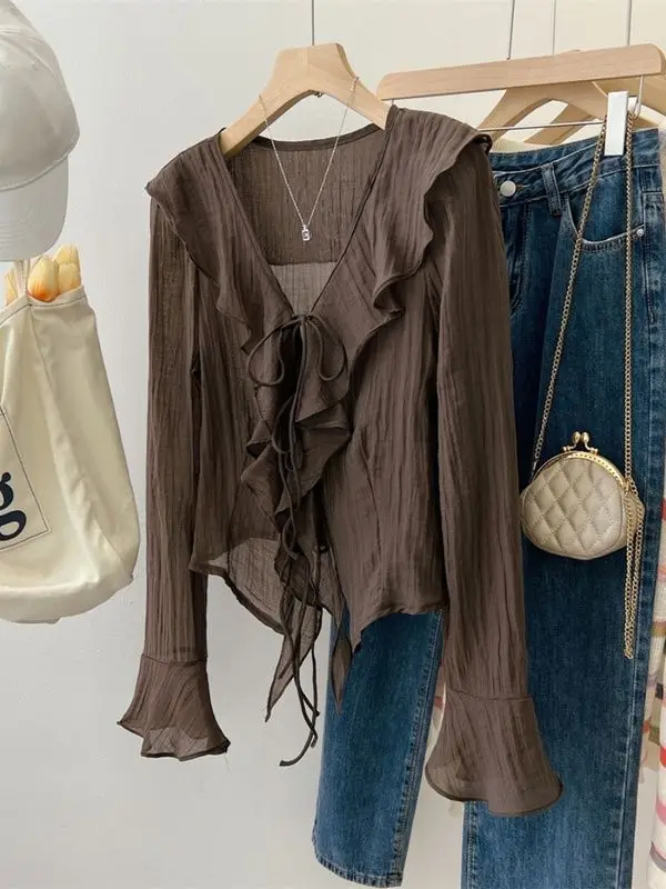 

Large Size French V-neck Ruffle Versatile Long-sleeved Sun-protective Strap Shirt Feminine Summer Top
