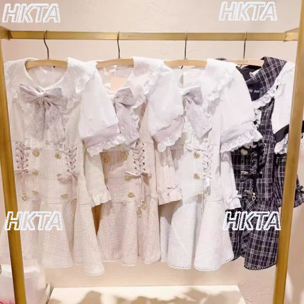 اليابانية الحلو الإنتاج الضخم فقاعة فستان قصير الأكمام المرأة 2025 الخريف جديد عالية الخصر سليم تويد فستان السراويل قطعتين مجموعة #3