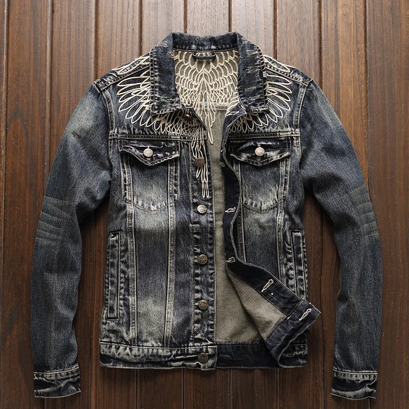 

Embroidered Workwear Men's Denim Jacket, Distressed Slim Mans Motocycle Jackets, American Vintage Jeans Coat