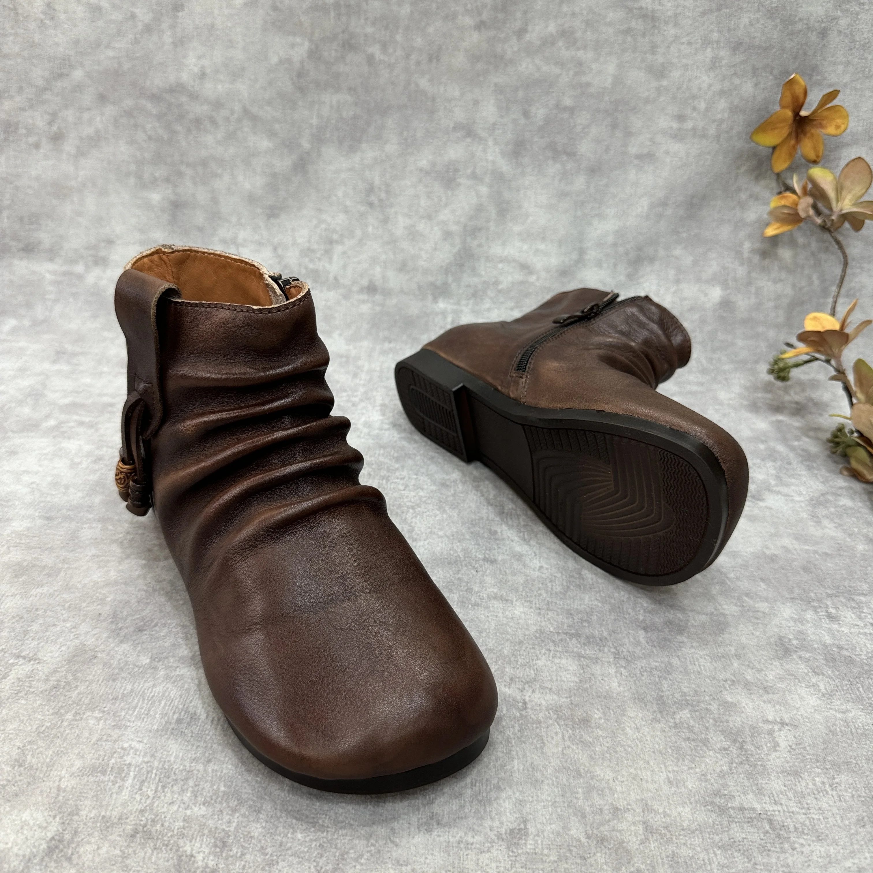 Birkuir ريترو كبير رئيس مطوي حذاء من الجلد للنساء شرابة سحابات كعب منخفض أحذية بوت قصيرة فاخرة جلد طبيعي الديكور الأحذية #2