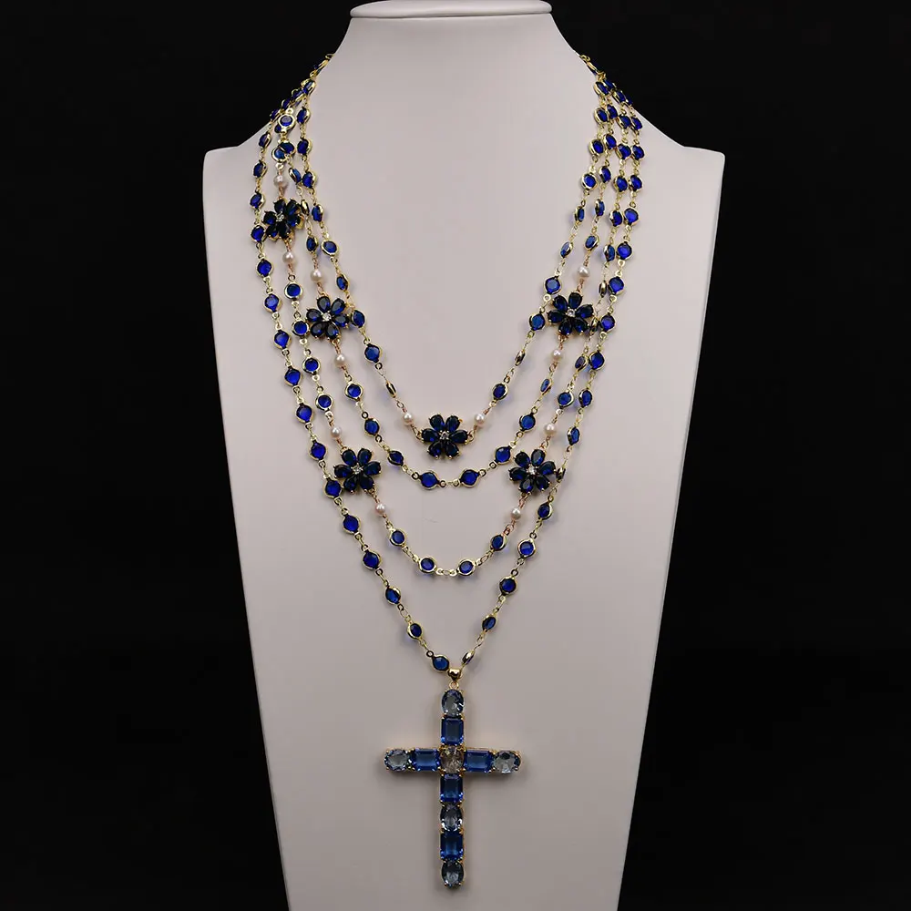 GG 4 Rows Cultured White Pearl Blue Crystal Flower Gold Plated Chain Necklace Blue Glass Cross Pendant