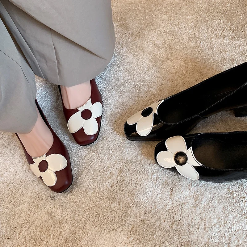 MKKHOU Fashion Pumps New High Quality Genuine Leather Shoes Round Head Flower Shallow Mouth High Heels Slip On Women's Shoes