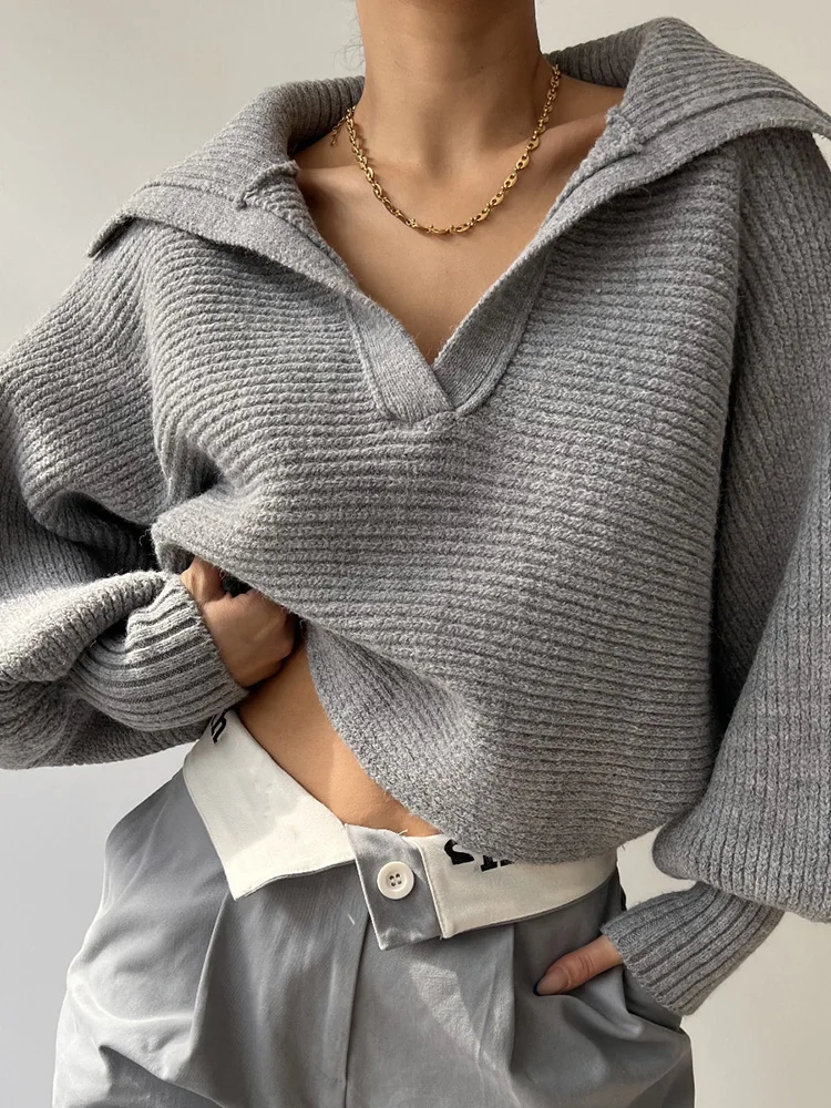 

Turn Down Collar Lantern Sleeve Sweater Casual Loose Women Solid Pullovers Tops Femme Patchwork knit Autumn Winter 2023 Jumpers