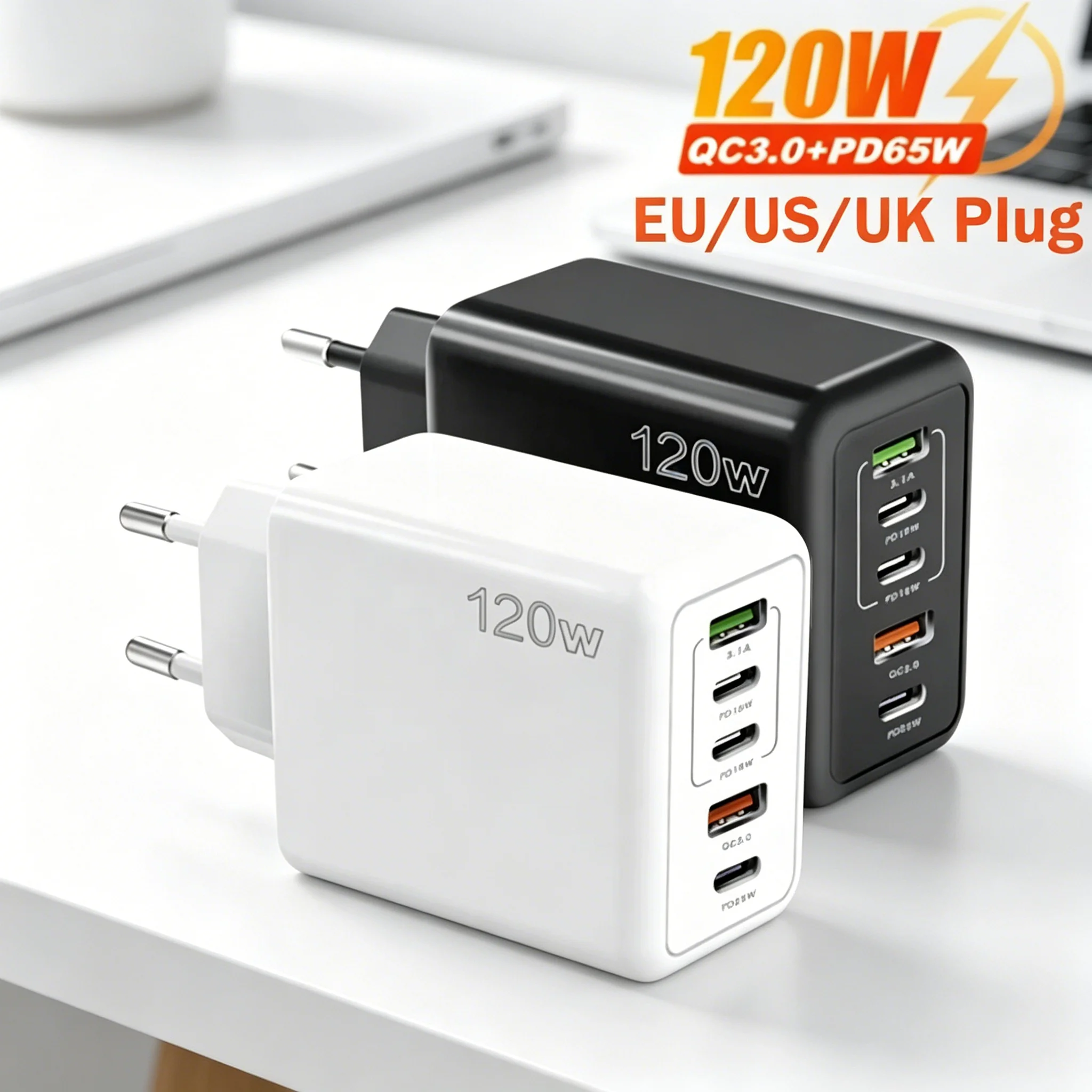 120W USB Charger 5 Ports PD Type C Fast Charging Mobile Phone Wall Power Adapter For iPhone Samsung Xiaomi EU/US/UK Plug Adapter