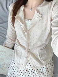 Pockets Eyelet Slim Knitted Sweater Cardigan Woman O-Neck Long Sleeve Sweaters Autumn Sweet Preppy Style Knitwear Coat Y2k Top