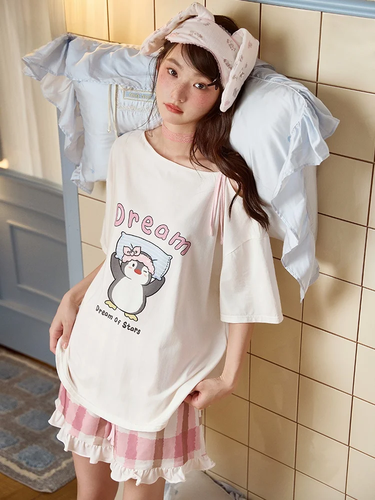 cooling-sweetheart-penguin-girl-short-sleeve-sleepwear-modal-cotton-shoulder-exposure-outdoor-wear-home-clothes-summer