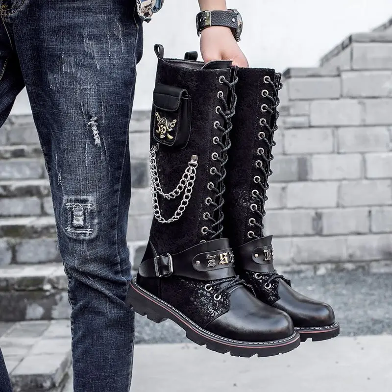 Fashion Leather Men Knee-High Boots Round Toe Black Tactical Tactical Boots Men Botas Casual Shoes Retro Motorcycle Boots Rock