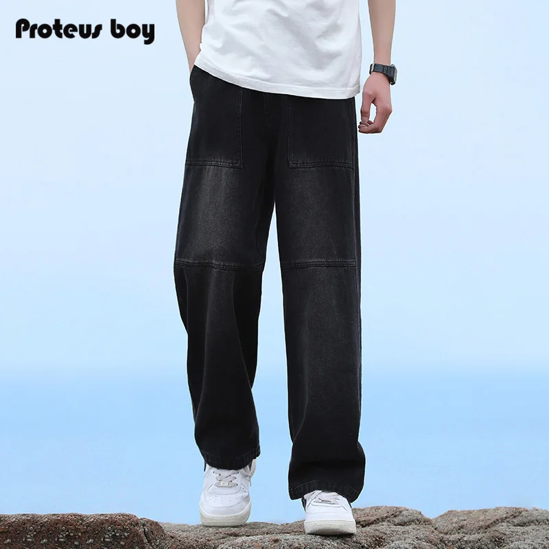 

ProteusBoy Men's Denim Jeans Outdoor Straight Leg Casual Pants American Retro Patchwork ket Spring Autumn Winter Long Pants