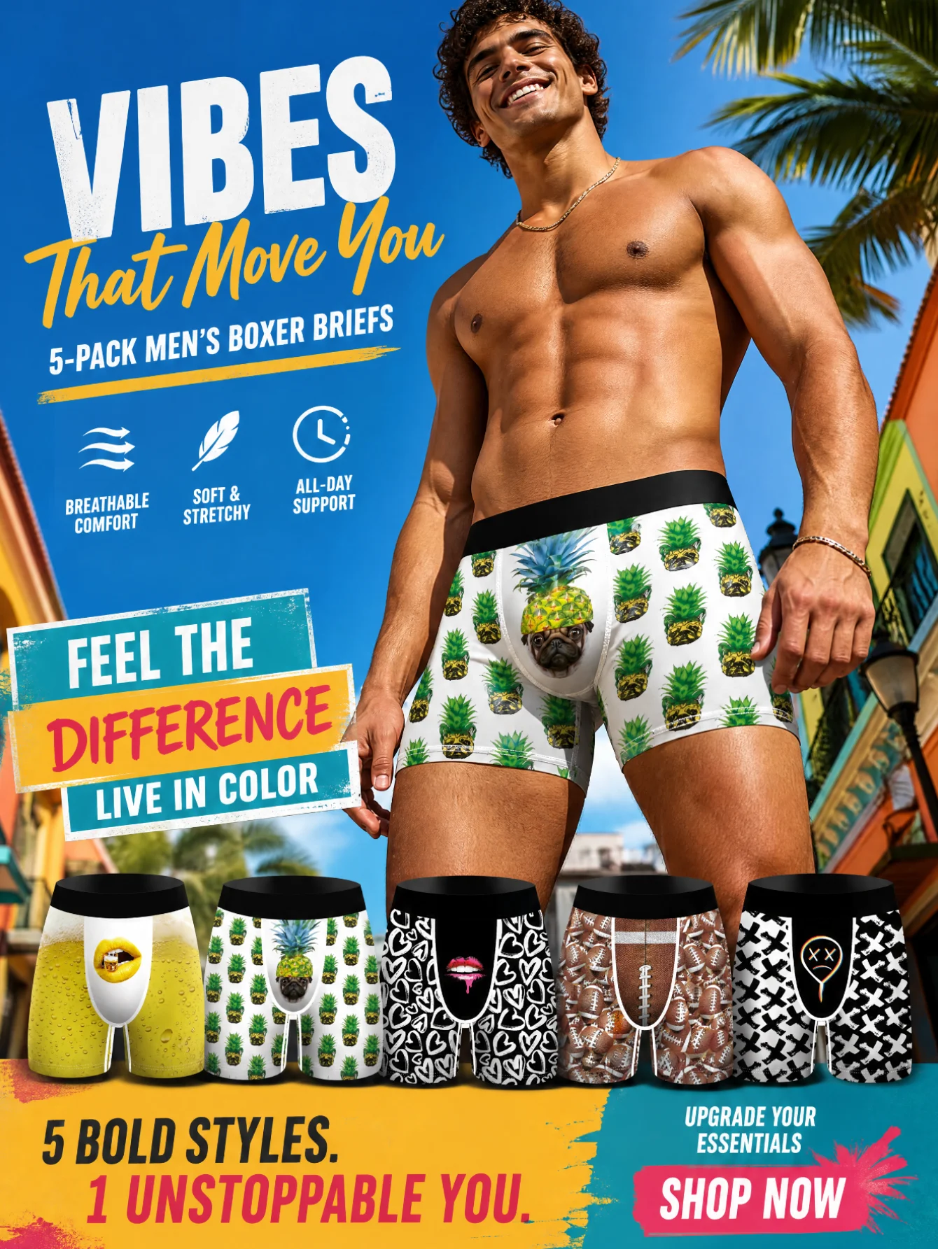 Men's 5 Pack Novelty Boxer Briefs Funny Beer Pineapple Football Heart Print Soft Stretchy Breathable Underwear Gift For Men