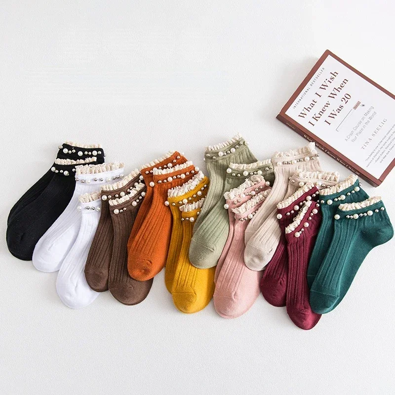 Spring and Summer New Women's Socks Fungus Lace Pearl Socks Fashion Vertical Strips in The Nail Beads Cotton Socks Calcetines