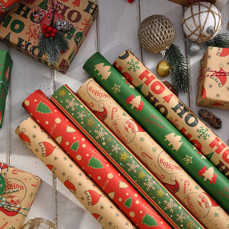Christmas Snowman Bells Tree Patterned Kraft Gift Wrapping Paper Vintage Style