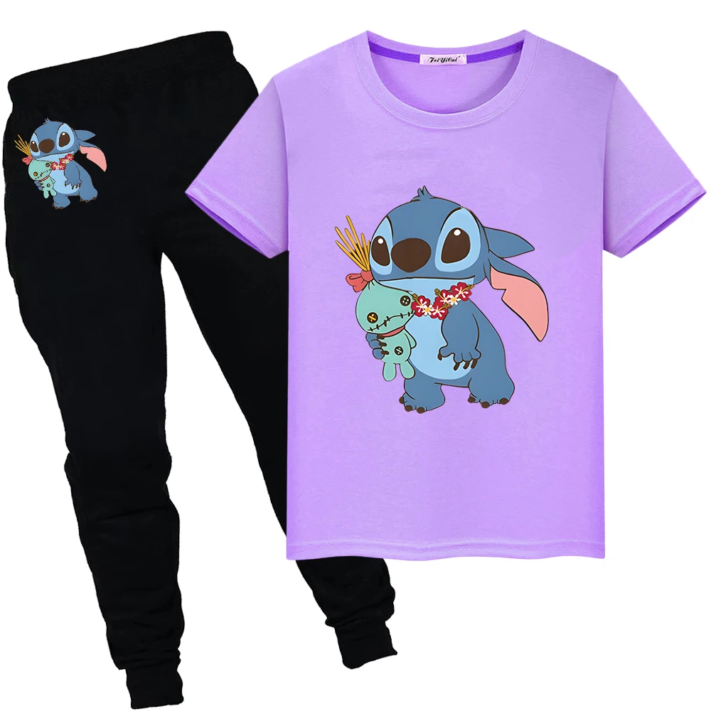 

Stitch Disney Sports Sets 100%Cotton Cute T-shirt Summer Short+pant disney Print boys girls Kawaii Tees Tshirts kid holiday gift