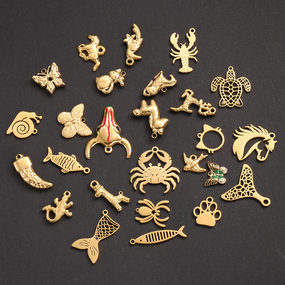 5pcs Gold Color Small Charm Animal Butterfly Giraffe Bird Stainless Steel Marine Life Pendant For Jewelry Making Necklace Charms