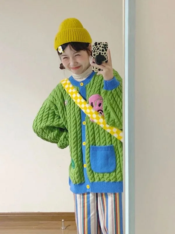 

Autumn New Sle Thiened Knitwear Academy Design Sweet Sle Women's Long Sve Sweater Open Cardigan Faux Two-Piece