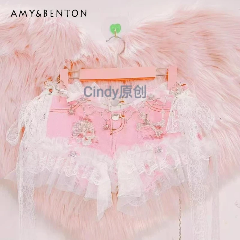 

Original Design Pink Cute Sweet Cool Women's Clothing 2025 Summer New Versatile Sexy Lace Splicing Hot Girl Denim Shorts Ladies