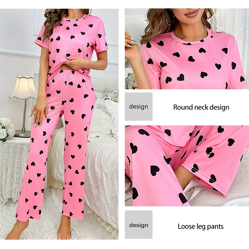 Two Piece Summer New Hot Selling Women\'s Home Leisure and Comfortable Pink Print Love Pajama Set