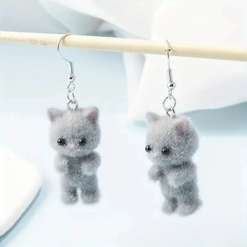 Cute Plush Flocked 3D Cat Earrings Cartoon Animal Bunny Earrings Holiday Party Gift For Your Friend