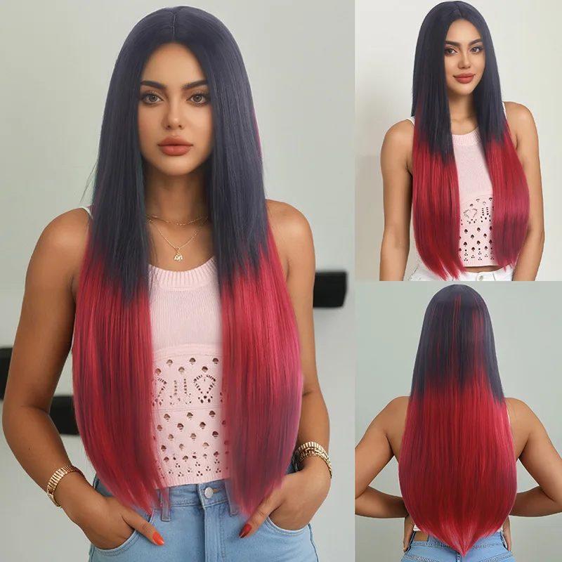 European and American women's color blocked gradient split long straight wig, cosplay headband, exotic style-Synthetic fiber wig