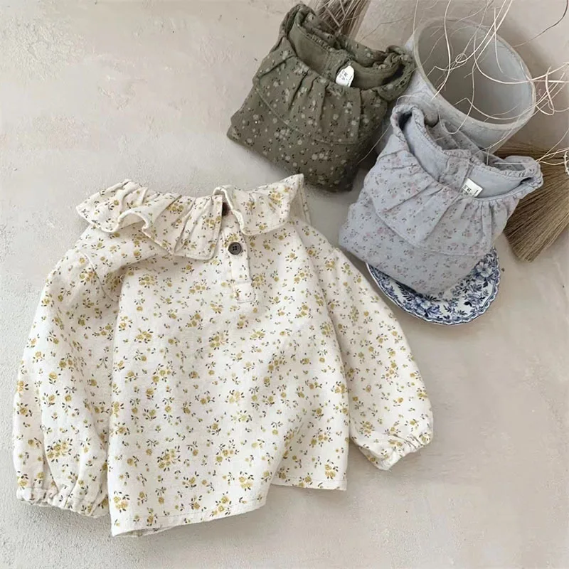 2024 Floral Baby Girl Shirt Spring Autumn Ruffle Collar Cute Newborn Girls Top Children Long Sleeve Clothing Cute Flower Tops