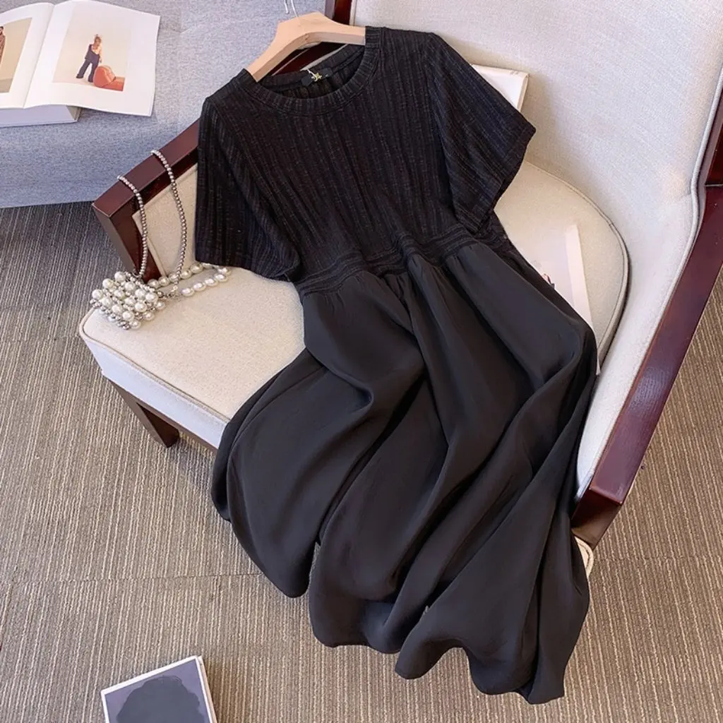 

Extra Large Women's Chubby Girl French Style Knitted Dress 300 Jin Simple Short Sleeve Slim Cover New Arrival