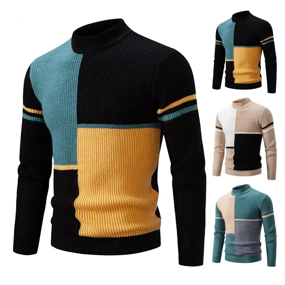 Suéter de punto con Cuello medio alto para hombre, abrigo ajustado, Color block, cálido, Otoño e Invierno