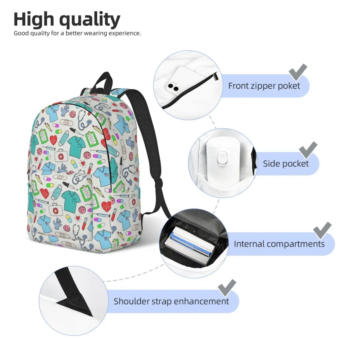 Mochila de enfermera médica con patrón colorido para hombres y mujeres, mochila escolar para estudiantes, regalo universitario medio y alto