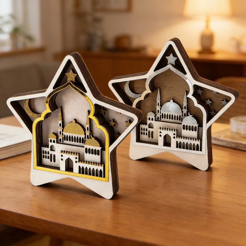 New Muslim Wooden Craft Ornament Islamic Eid al-Adha Lantern Moon Home Decoration