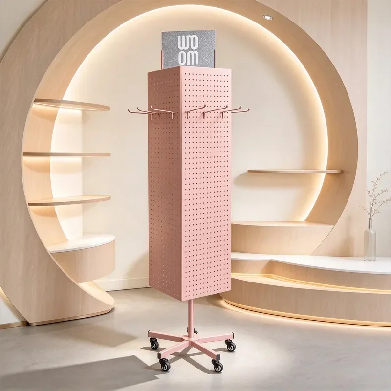 New Rotatable Metal Pegboard Display Stand with Casters, Vertical Jewelry Pendant Rack for Supermarket & Variety Store