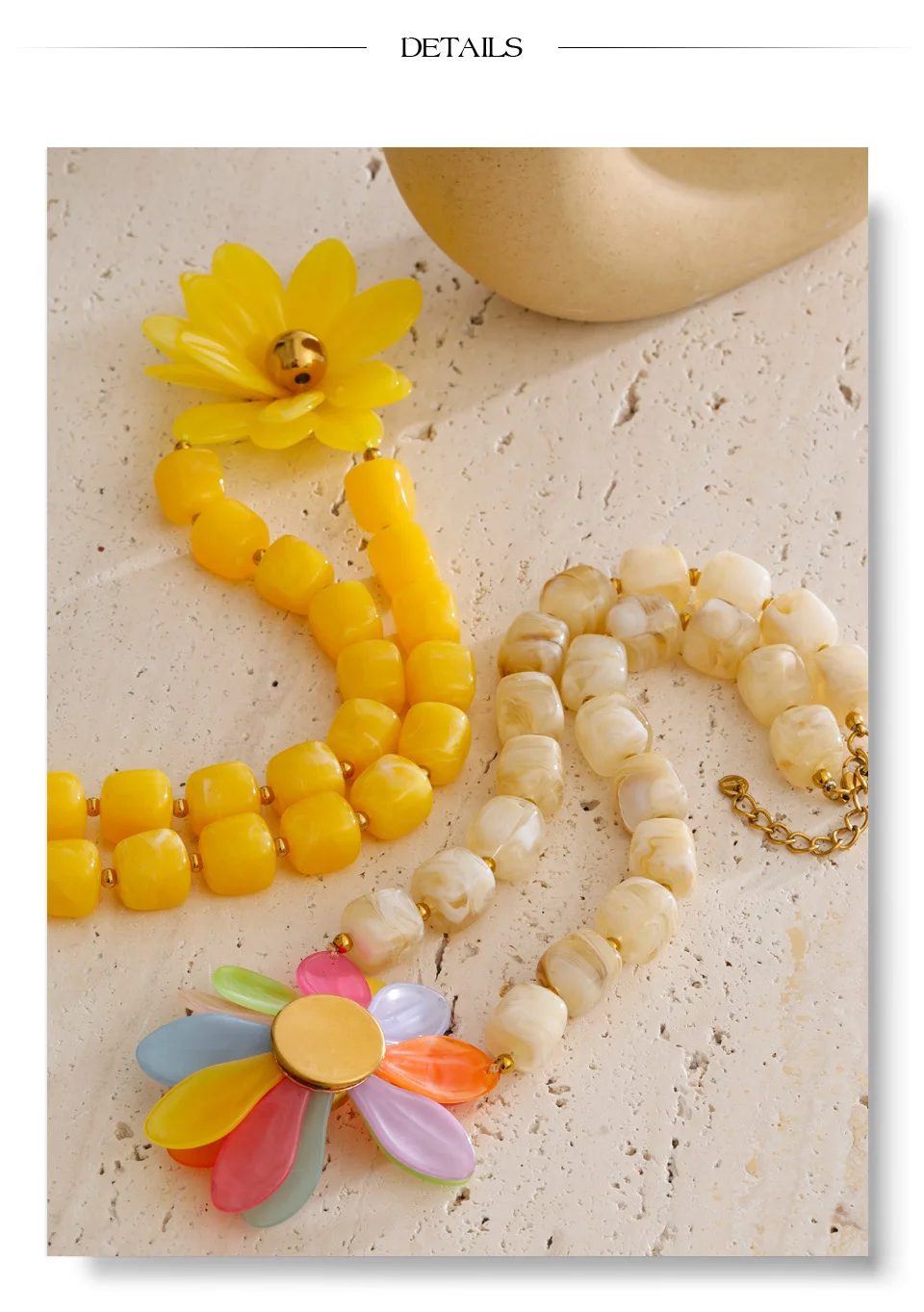 Yhpup Bunte gelbe Acrylharz-Perlenkette mit Blumenanhänger, Statement-Halskette, wasserfest, handgefertigt, Neuheiten, Schmuck – Detail 8