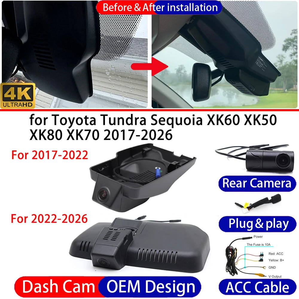 Dash Cam for Toyota Tundra Sequoia XK60 XK50 XK80 XK70 2017-2026 Front＆Rear 4K DVR Dashboard Camera Video Recorder Parking Mode