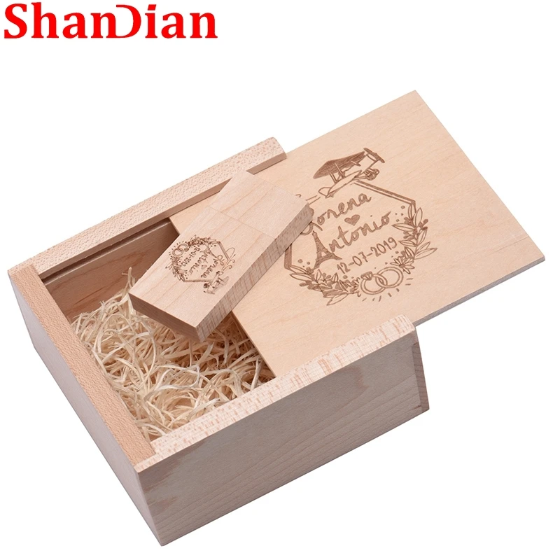 SHANDIAN Wooden Photo Album USB Flash Drive 128GB Free Customized Logo Pen Drive Wedding Gift Box Memory Stick (105*105*40mm)