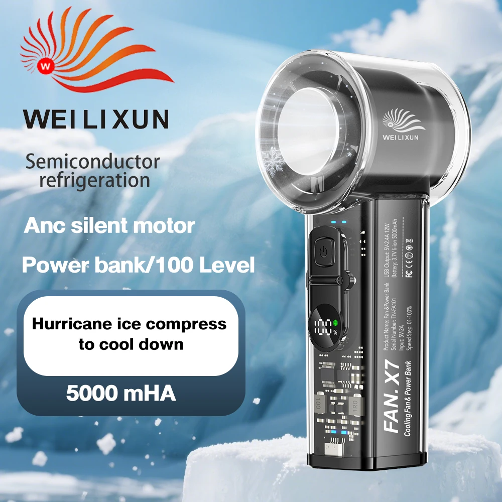 السفر في الهواء الطلق أشباه الموصلات ضغط الجليد عالية السرعة التبريد مروحة صغيرة 5000mHA USBRecharge المحمولة 100 سرعات الرياح شاشة LED