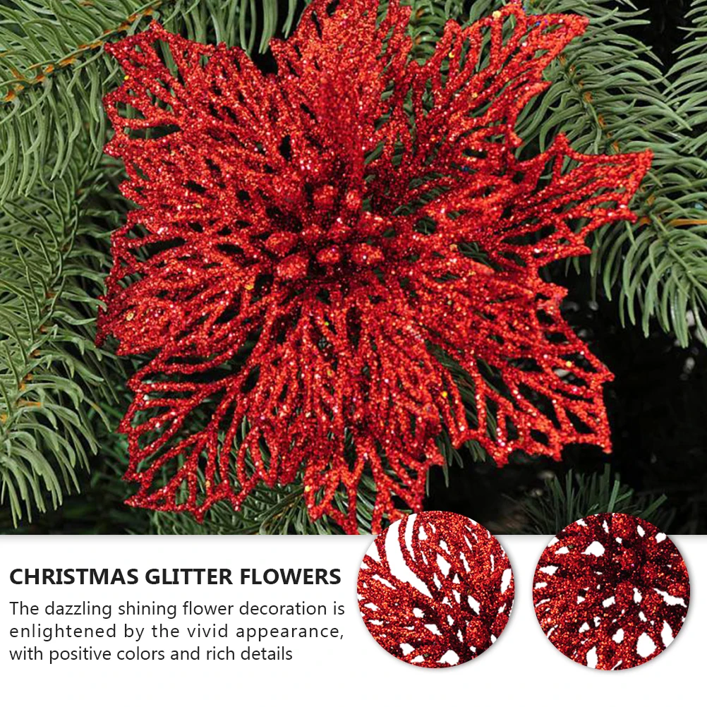 

12 Pcs Christmas Flower Pendant PE Glitter Decorative Artificial Flowers Xmas Tree Wall Door Party Decoration Glitter Flower