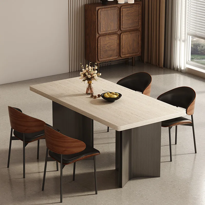 Italian simple modern retro style rectangular bottom hanging travertine dining table rock slab dining table and chair combinatio