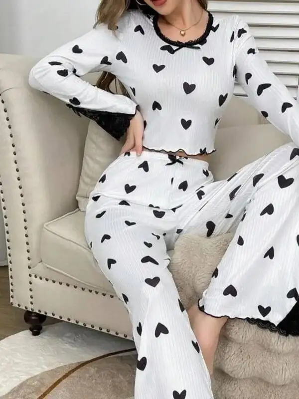 Hot Selling Homewear Lace Heart Round Neck Lace Long Sleeve Pajamas For Women Wearable Outside Long Pants Two-Piece Sets YUEI