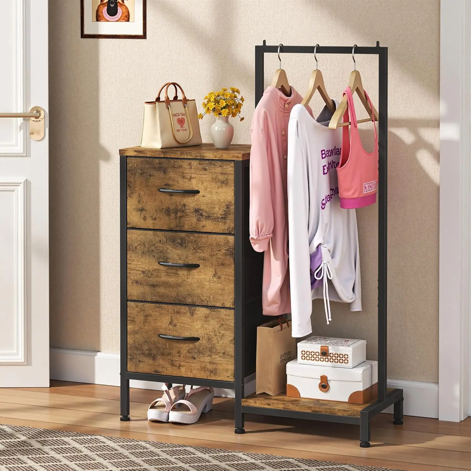 

Rustic Brown Dresser with Hanging Rack and 3 Drawers for Bedroom Storage