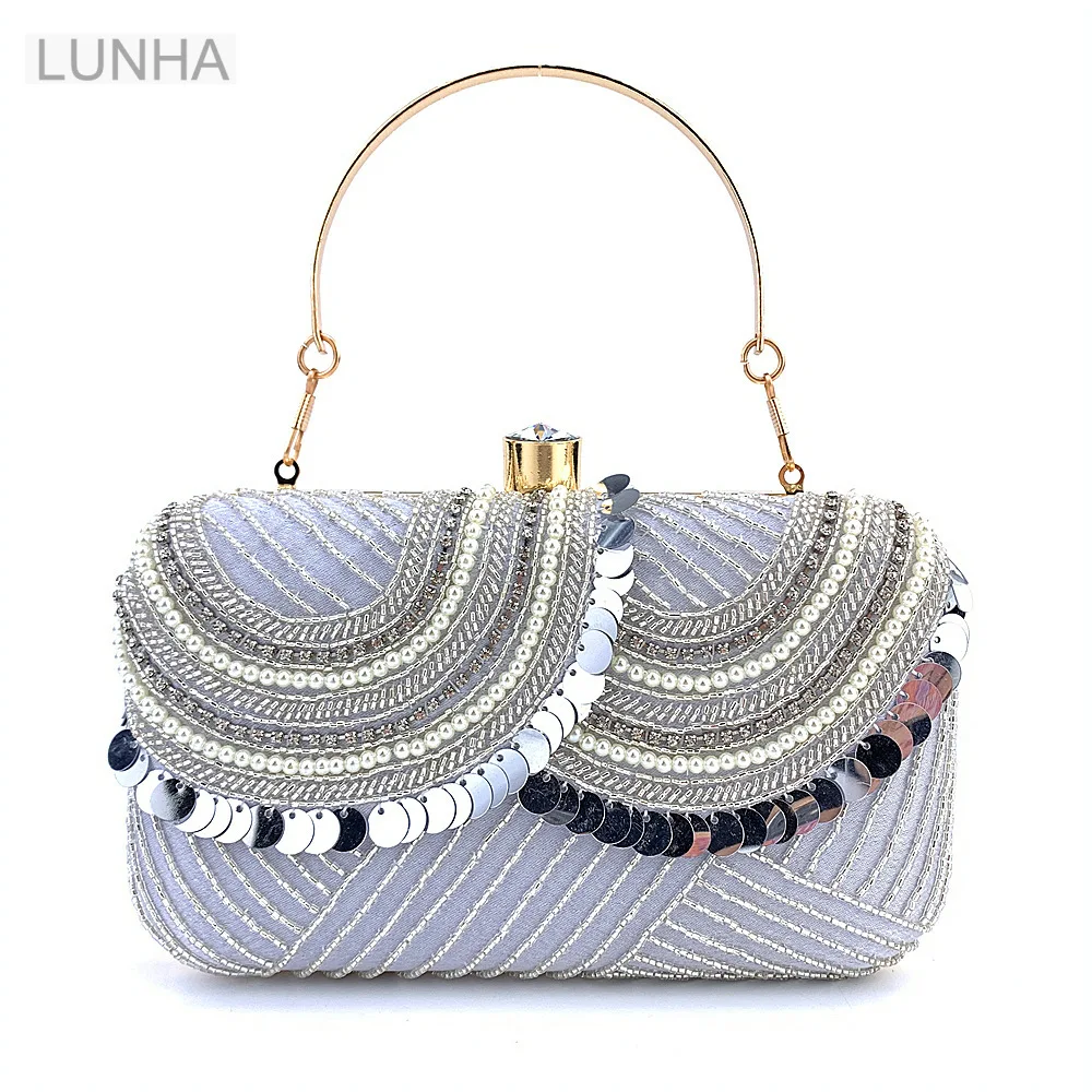 

Women's Luxury Box Clutch Bag with Sequins and Pearls Elegant Evening Party Handbag Shoulder Clutch Purse