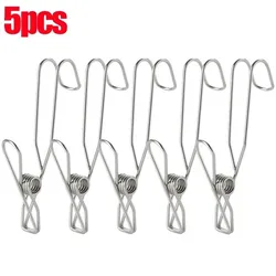 Stainless Steel 9cm Long Tail Clip Bathroom Clothespins Towel Organizer Hooks Rack Laundry Organizer Photo Clips 5P Clothes Pegs