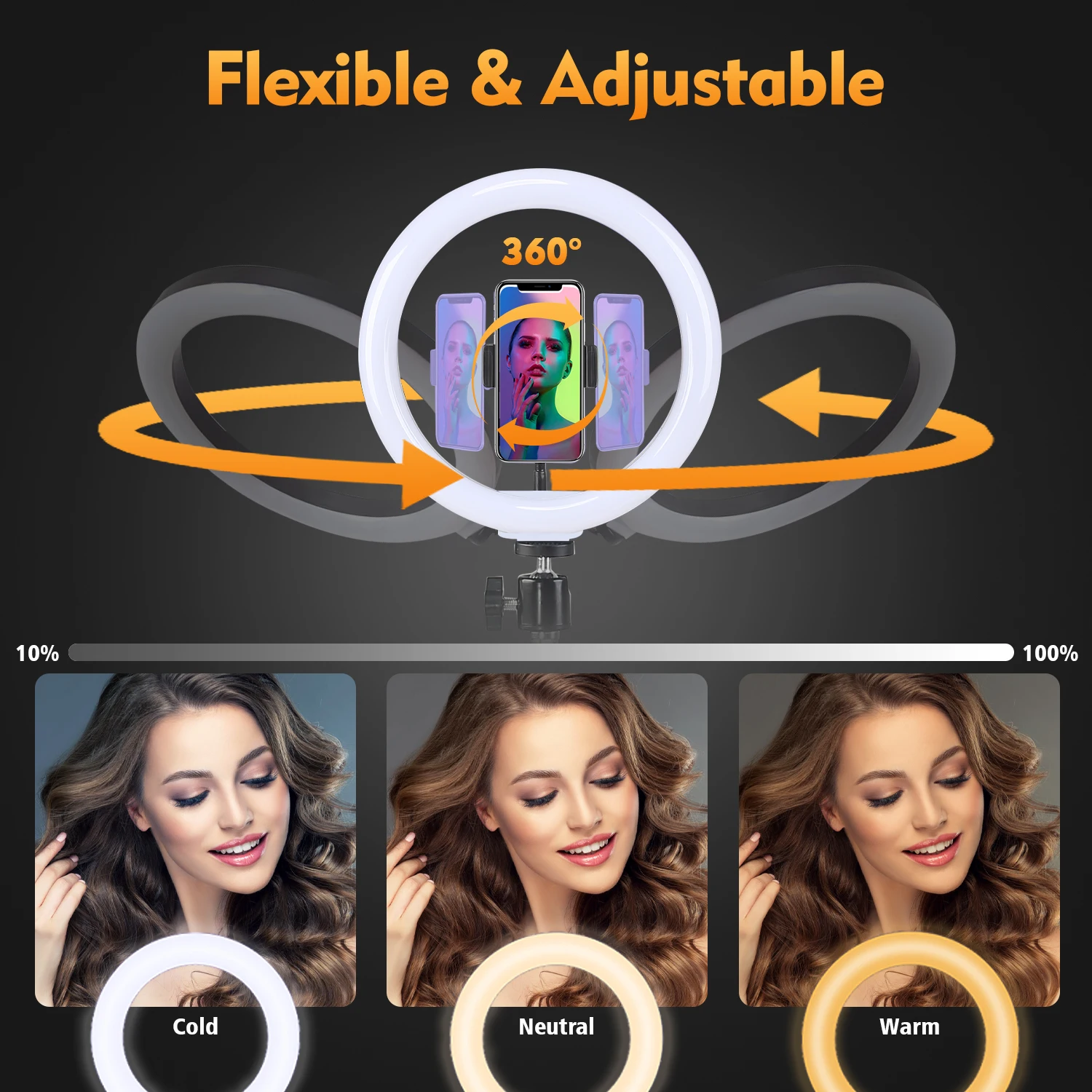 10 بوصة 3-Color LED Ring Fill Light، إضاءة محمولة مع حامل ثلاثي القوائم مقطعي 160 سم لصور السيلفي وتسجيل الفيديو والبث المباشر